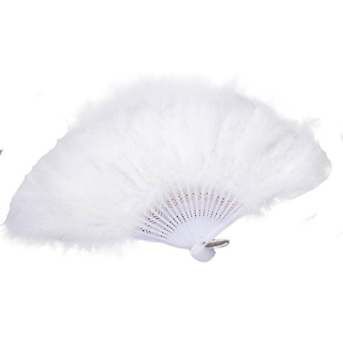 Feather Hand Fan Vintage Style Folding Handheld Marabou Feather Fan Flapper Accessories Dancing Fans Soft Women Lady Fancy Dress Costume Dance Feather Fan for Costume, Halloween, Party -White-