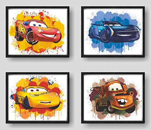 Print A To Z - Cars Movie Poster, Cars Watercolor Wall Decor Prints, Lightning McQueen Poster, UNFRAMED-8"x10" Set of 4 Wall Decor-, Cars 3 Poster, Cars Movie Posters for Boys Room, Cars Movie Decor, Cars Bedroom Set, Lightning McQueen Decorations, L