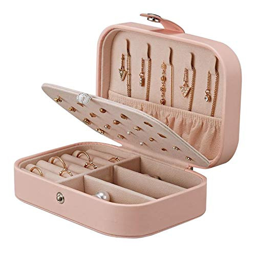 Jewelry Box for Women, Portable Double-Layer Jewelry Storage Box, Earrings, Rings, Necklaces, Bracelets, PU Leather Compact Portable Jewelry Suitcase, Pink Jewelry Box