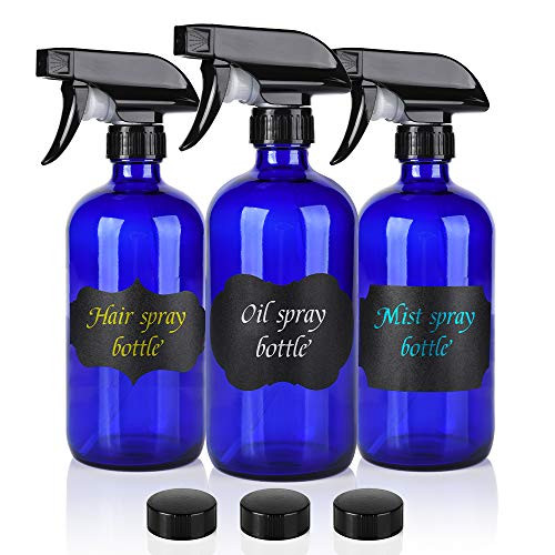 Glass Spray Bottle?Empty Cobalt Blue Spray Bottle Refillable Containers, 16oz Spray Bottles for Essential Oils, Cleaning, Aromatherapy, Durable Black Trigger Sprayer Fine Mist and Stream?3 Pack?