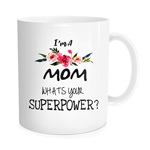 Waldeal I'm A Mom, What's Your Superpower Coffee Mug, Thanks Gift for Mother Women On Birthday, Mother's Day, White Fine Bone Ceramic 11 OZ