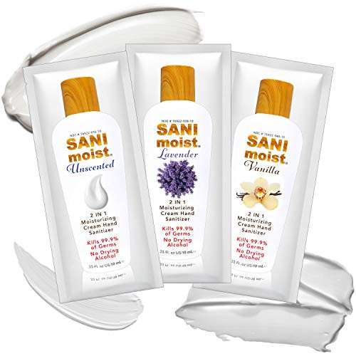 SaniMoist Alcohol Free Hand Sanitizer Lotion 3 Pouch Variety Moisturizing Antibacterial Dry Hands 2 IN 1 Cream Kills 99.9 percent of Germs and Bacteria Antiseptic BZK Protection For Men Women and Children SaniMoist Alcohol Free Hand Sanitizer Lotion 3 Pouch Variety Moisturizing Antibacterial Dry Hands 2 IN 1 Cream Kills 99.9 percent of Germs and Bacteria Antiseptic BZK Protection For Men Women and Children