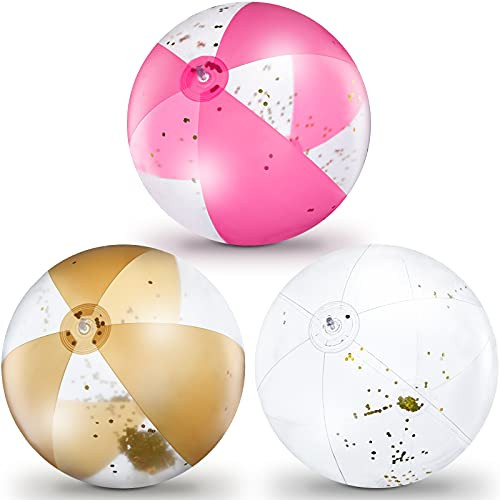 3 Pieces Inflatable Glitter Beach Ball 16 Inch Glitter Beach Ball Confetti Beach Balls for Summer Beach Swimming Pool Party Favor
