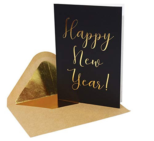 Happy New Year Cards - 24 Pack Black Happy New Year NYE Greeting Cards in Matte Finish with Gold Foil Lettering - Includes 26 Gold Foil Embossed Kraft Envelopes - 4" x 6" Blank Inside