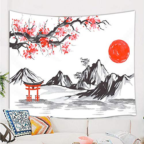 Japanese Tapestry Wall Hanging, Japan Anime Tapestry Japanese Fuji Mountain Sakura Red Sun Asian Watercolor Ink Art Tapestry for Bedroom Living Room Dorm, Small Tapestry 60X40IN