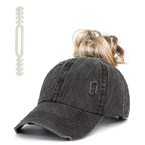 Ponytail Hats for Women Baseball Cap Criss Cross Distressed Messy Bun Hat Vintage Washed Adjustable Trucker Hat Pony Hat Black