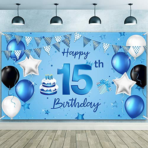 Happy 15th Birthday Backdrop Banner Extra Large Fabric Birthday Sign Poster Photography Background Backdrop Banner for 15th Birthday Anniversary Party Decorations, 72.8 x 43.3 Inch -Stylish 15th-