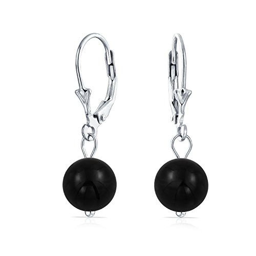Simple Plain Basic Round Onyx Bead Ball Dangle Leverback Earrings For Women Teen Black 925 Sterling Silver