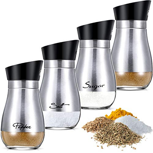 Salt and Pepper Shakers Set, Spice Bottle Stainless Steel with Glass Bottle, Set of 4 Elegant Salt and Pepper Dispenser Including 1 Salt Shaker, 1 Pepper Shaker, 1 Sugar Shaker and 1 Blank Shaker