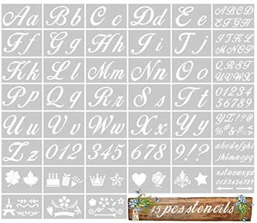 45Pcs Letter Stencils for Painting on Wood Alphabet Art Craft Stencils with Calligraphy Font Upper and Lowercase Letters Reusable Plastic Number Templates for Art Drawing, Shop Sign, Wood Painting