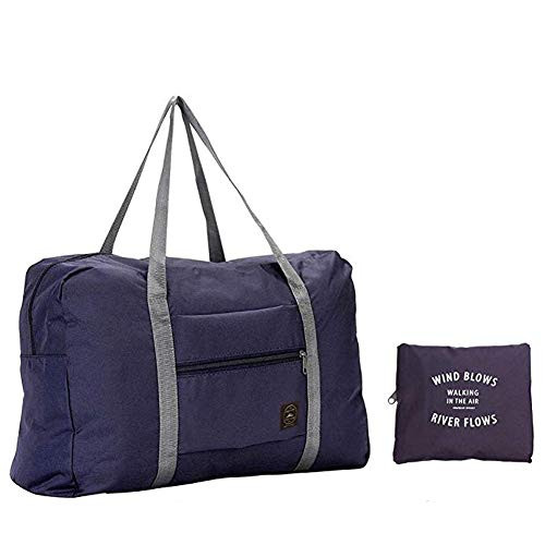 Bidiri Travel Foldable Nylon Duffle Tote Bag - Portable Waterproof Lightweight Carry On Luggage Sport Folding Duffle Bag Weekender Overnight Gym Sports Bag for Women Girl -Dark Blue-