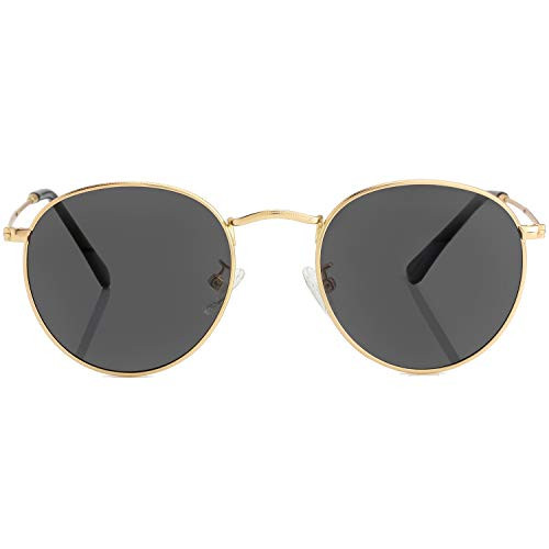 Small Round Polarized Sunglasses for Men Women Mirrored Lens Classic Circle Sun Glasses -Gold Frame/Black Lens-