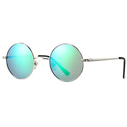 John Lennon Sunglasses Retro Round Polarized Sunglasses for Men Women Hippie Style Small Circle Sun Glasses - Silver Frame/Green Mirror Lens -