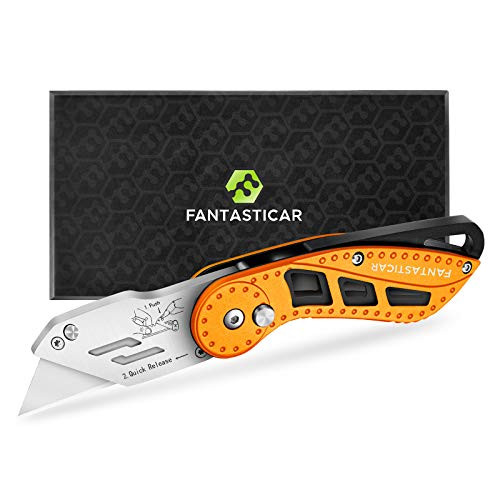 FANTASTICAR Folding Utility Knife Gift Box Cutter Set Lightweight Aluminum Body with 5-Piece Extra Blades -Orange/-