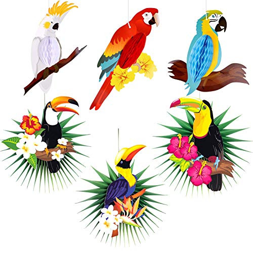 6pcs Tropical Birds Parrot Toucan Palm Leaves Paper Fans Hanging Decoration Summer Luau Tiki Hawaiian Party Supplies SUNBEAUTY -Mixcolor 3-