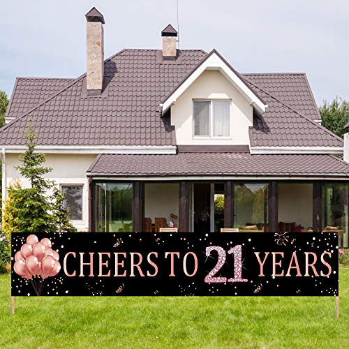 Kauayurk 21st Birthday Banner Party Decorations Supplies for Women, Rose Gold Cheers to 21 Years Birthday Party Sign Decorations, Happy 21 Year Old Birthday Decor Backdrop -9.8x1.6ft-
