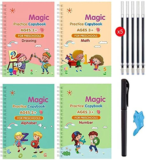 4 PCS Magic Practice Copybook English for Kids, Reusable English Calligraphy Magical Copybook Tracing Book for Handwriting Letter Writing Book with Pen Set