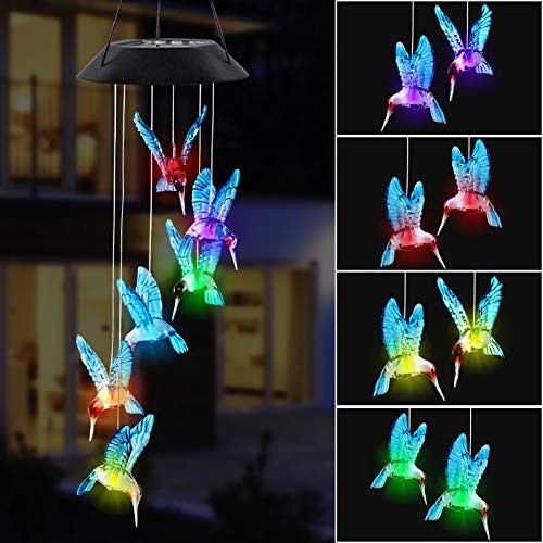 MorTime LED Solar Hummingbird Wind Chime, 25" Mobile Hanging Wind Chime for Home Garden Decoration, Automatic Light Changing Color -Blue-