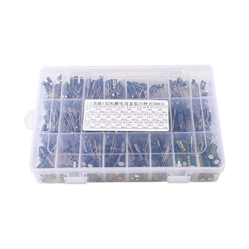 500PCS 24Value Electrolytic Capacitor Range 0.1uF?1000uF Assortment Box Kit, 10V/16V/25V/50V Aluminum Radial Electrolytic Capacitors for TV, LCD Monitor, Radio, Stereo, Game