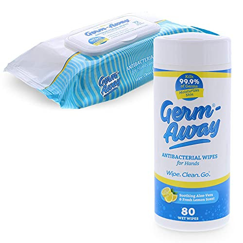 Germ-Away Antibacterial Hand Wipes, Kills 99.9 percent Germs Get -1- 80ct Wipe Canister Lemon Scent and -1- 72ct Softpack Fresh Scent Compostable Wipes