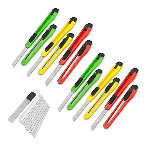 Fixson Utility Knife 9-MM Box Cutter -12 PACK- Retractable Razor Blades Knifes with Snap Off Blades and Slide Locks, Great Packaging Tools  and  Hobby Knife -10 REPLACEMENT BLADES INCLUDED-