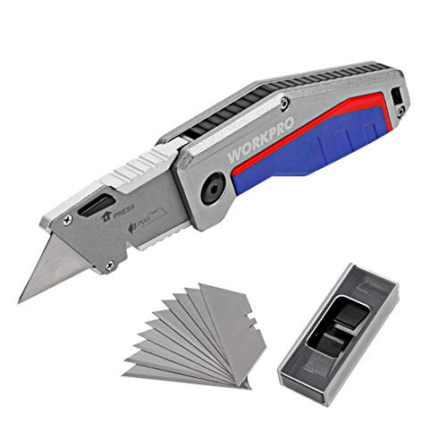 WORKPRO Folding Pocket Utility Knife - Heavy Duty Box Cutter, Quick Change Blade, Liner Lock, Al Die-Casting Handle with Belt Clip, 10 Extra Blades Included -1 Piece-