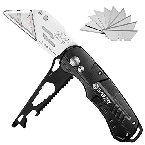 Utility Knife, BIBURY Multipurpose Carpet Knife, Double Cutter Head,Box Cutter with 10 Replaceable SK5 Stainless Steel Blades, Belt Clip,Quick Change and Safely Lock-Back Design -black-