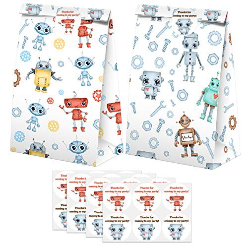 Robot Party Favors Candy Bags with Stickers - Robot Goodie Gift Treat Bags - Robot Themed Birthday Party Supplies