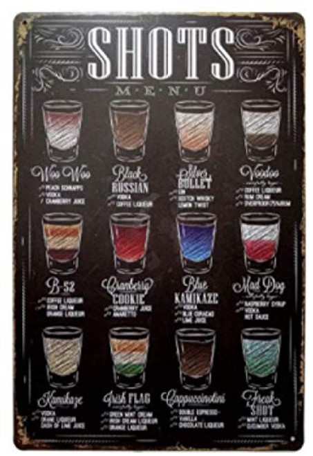 TYQY Shots Menu Metal Tin Sign Painting for Bars Plaque Poster for Cafe Bar Pub Beer Wall Decor Cave Beer Signs Art Nostalgic Tin Sign Decor-30X20Cm