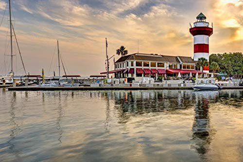 Hilton Head Island, South Carolina - Harbour Town Lighthouse at Sunset Reflected on Water 9032710 -9x12 Art Print, Wall Decor Travel Poster-