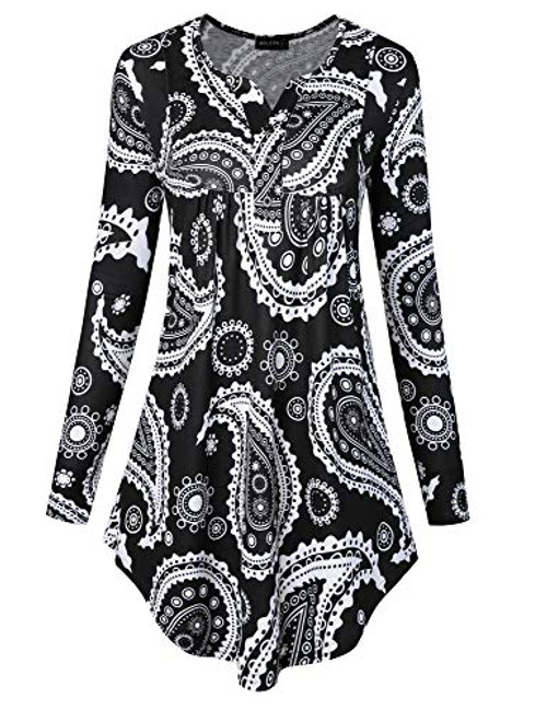 Acloth Floral Henley Shirt Women Printed Long Sleeve Knitwear Ladies Plain Tee Button V Neck Casual Paisley Blouses Ruched Trendy Tops Drape Knitted Pleat Oversize Loose Tunic White-Black M