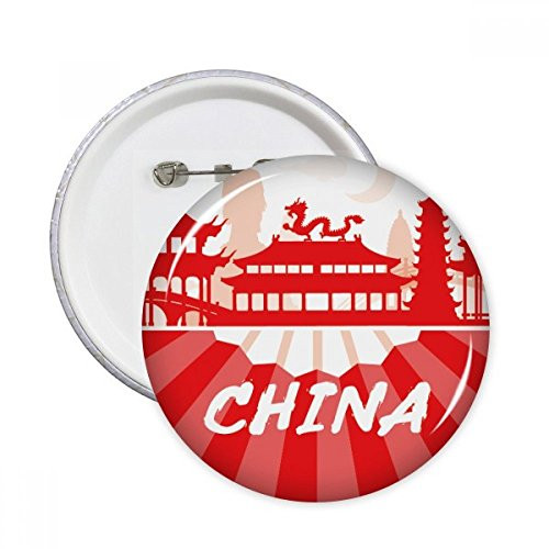 Red Outline Landmark China Fan Round Pins Badge Button Emblem Accessory Decoration 5pcs