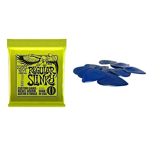 Ernie Ball 2221 Regular Slinky Nickel Wound Set, .010 - .046 and Ernie Ball 9136 Medium -0.72mm- Nylon Picks12 Pack Bundle