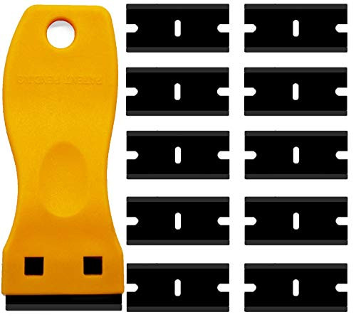 Mini Plastic Razor Blade Scraper, Double Edge Plastic Scraper Tool Utility Knife with Scraper with 10PCS Plastic Razor Blades for Removing Labels, Stickers and Decals -Yellow Scraper  plus 10 Blades-