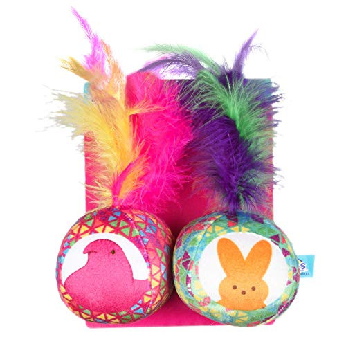 Peeps for Pets Jingle Bell Ball and Feather Cat Toys, 2 Pack - Assorted Colors Cat Toys for Fun Way to Keep Cats Entertained for Hours - Cute Feather Toys for Easter or Everyday Play