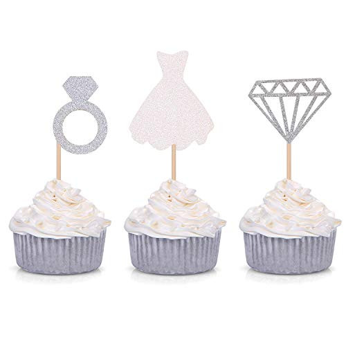 Set of 24 Glitter Diamond Ring Wedding Dress Cupcake Toppers for Engagement Bridal Shower Decorations (Silver) Set of 24 Glitter Diamond Ring Wedding Dress Cupcake Toppers for Engagement Bridal Shower Decorations (Silver)