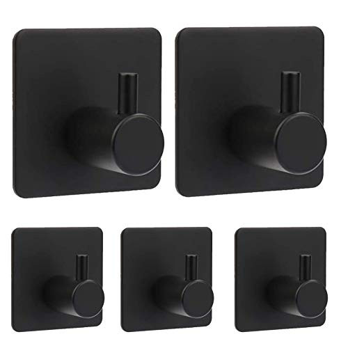 Adhesive Hooks 5 Pack,Fitepro SUS 304 Stainless Steel Heavy-Duty Wall Hooks, Self-Adhesive Hooks for Hanging Coat, Hat, Towel, Robe Hook Rack Wall Mount for Bathroom Kitchen Bedroom, Black
