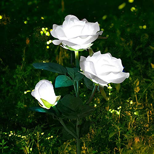 Solar Garden Stake Lights, White Rose Flowers Lights LED Solar Stake Lights with 3 Roses Waterproof for Garden, Yard, Christmas Pathway, Grave Decor