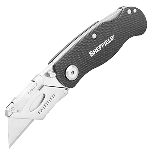 Sheffield 12613 Ultimate Lock Back Utility Knife, Folding, Box Cutter Knife, Carpet Knife, Drywall Cutter, and More, Quick-Change Blade, Back Lock Design, Black