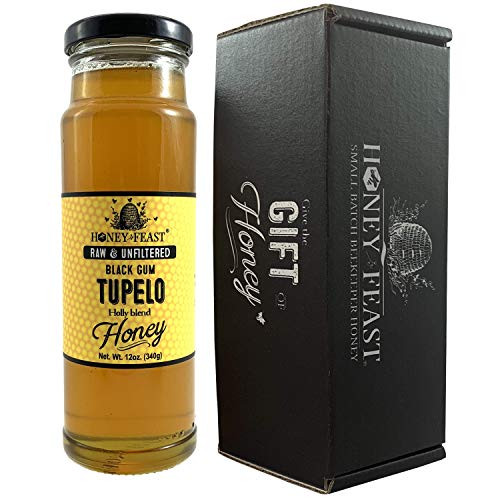 Honey Feast - Raw Black Gum TUPELO Honey - from Organic American floral sources - Unfiltered  and  Pure Superfood - 12 ounces - Local Honey to Gainesville, Jacksonville, Tallahassee Florida