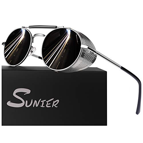 Sunier Retro Round Polarized Steampunk Sunglasses Side Shield Goggles Gothic Sun Glasses S92 Grey Lens Silver Frame