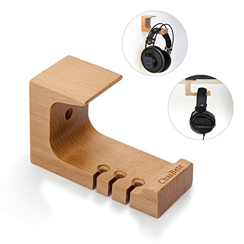 ChasBete Wood Headphone Hanger Stand Under - Desk Dual Earphone Holder Mount Stick on Headset Hanger,Unilateral Hook