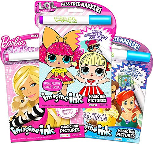 Girls Coloring Book Imagine Ink for Girls Super Set ~ Bundle Includes 3 No Mess Magic Ink Activity Books Featuring Disney Princess, LOL Dolls, and Barbie