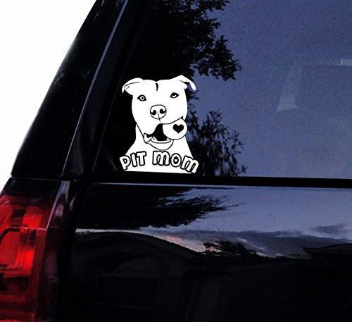 Tshirt Rocket Pit Mom Decal - Pit Bull w/Ball Sticker - Pitbull Dog Car Decal Laptop Decal Car Window, Mirror Sticker -7", White-