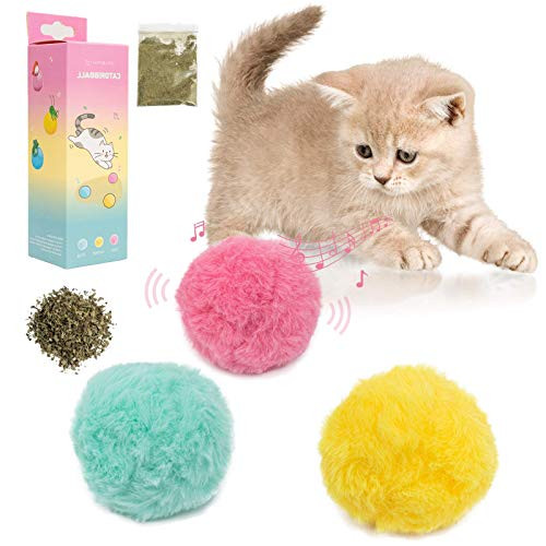 PETPSILAB Cat Ball Toy 3PCS Plush Electric Chirping Bird Squeak Frog Enrichment Kitty Toys Interactive Catnip Filled Pet Toys