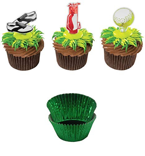 GOLF Cupcake Toppers and Liners - Golf Shoes, Bag, and Ball with Matching Green Foil Baking Cups - Enough for 60 Cupcakes