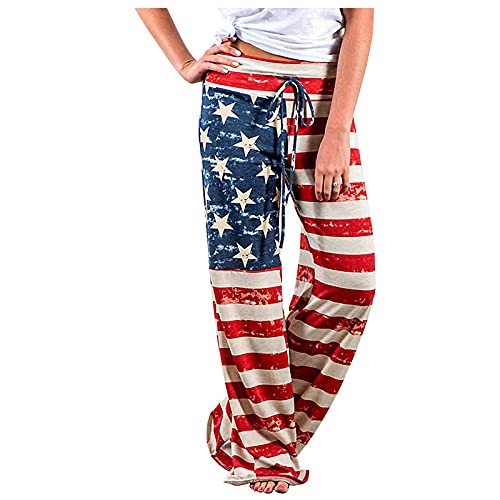 Anjikang Pants for Women,Women's Comfy Casual Pajama Pants Floral Print Drawstring Palazzo Lounge Pants Wide Leg Red