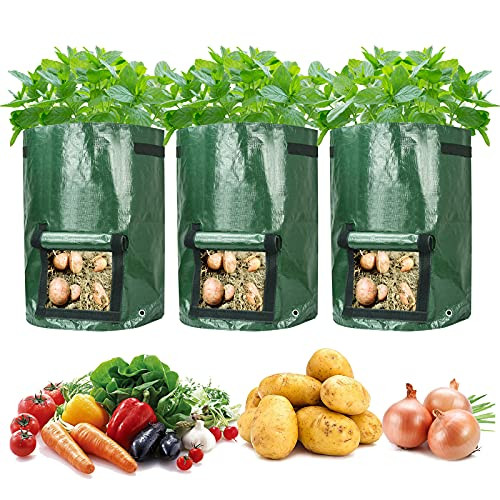10 Gallon Garden Potato Grow Bags, Hmxpls Potato Bags for Growing Potatoes, Garden Containers Vegetable Planter with Flap and Handles Heavy Duty Aeration Fabric Pots, Premium PE Plastic ?3 Pack?
