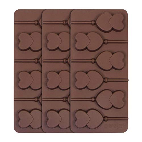 Webake Lollipop Mold With Sticks, 3 Pack Chocolate Hard Candy Mold 6 Cavity Heart Shaped Lollipop (Toffee Brown)