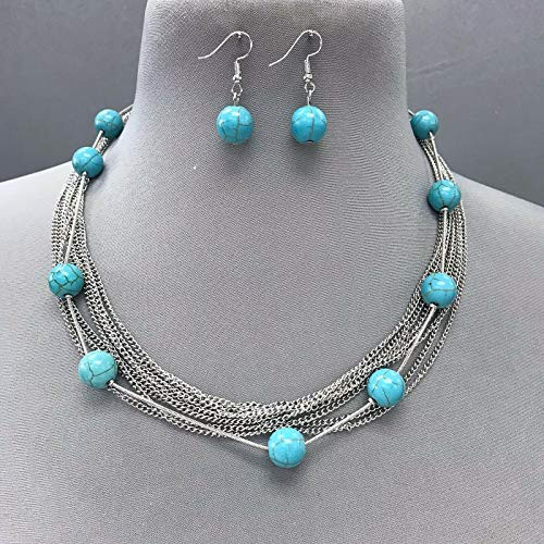 Silver Multi Chains Round Ball Shape Turquoise Stones Necklace With Earrings LL-3776